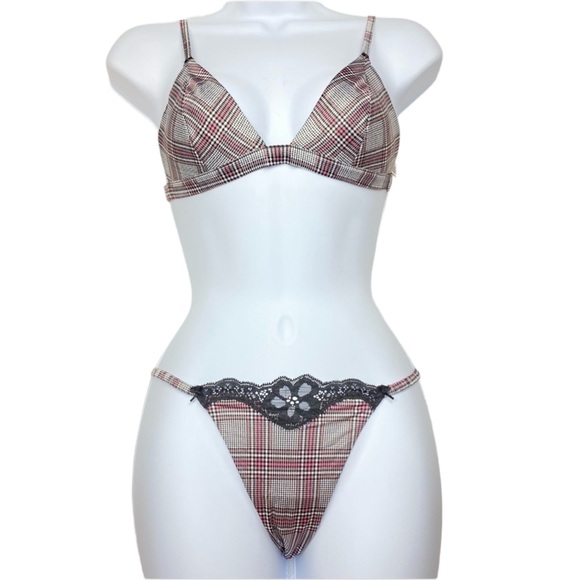 NWT Victoria’s Secret Grey & Pink Plaid Satin Bralette, Thong, & Itsy Panty Set - Picture 8 of 14